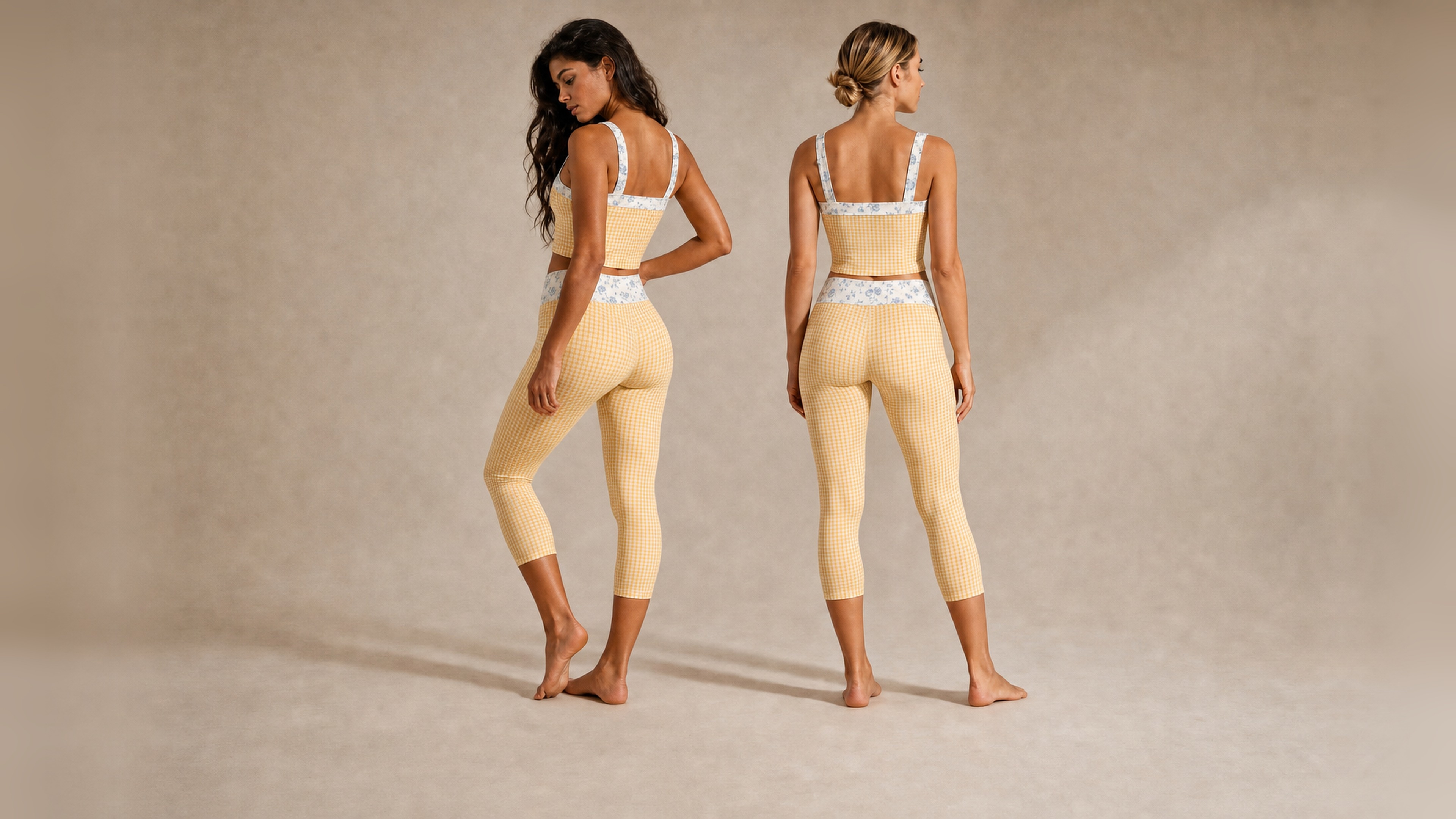 Two friends together in the Florence Active butter gingham set