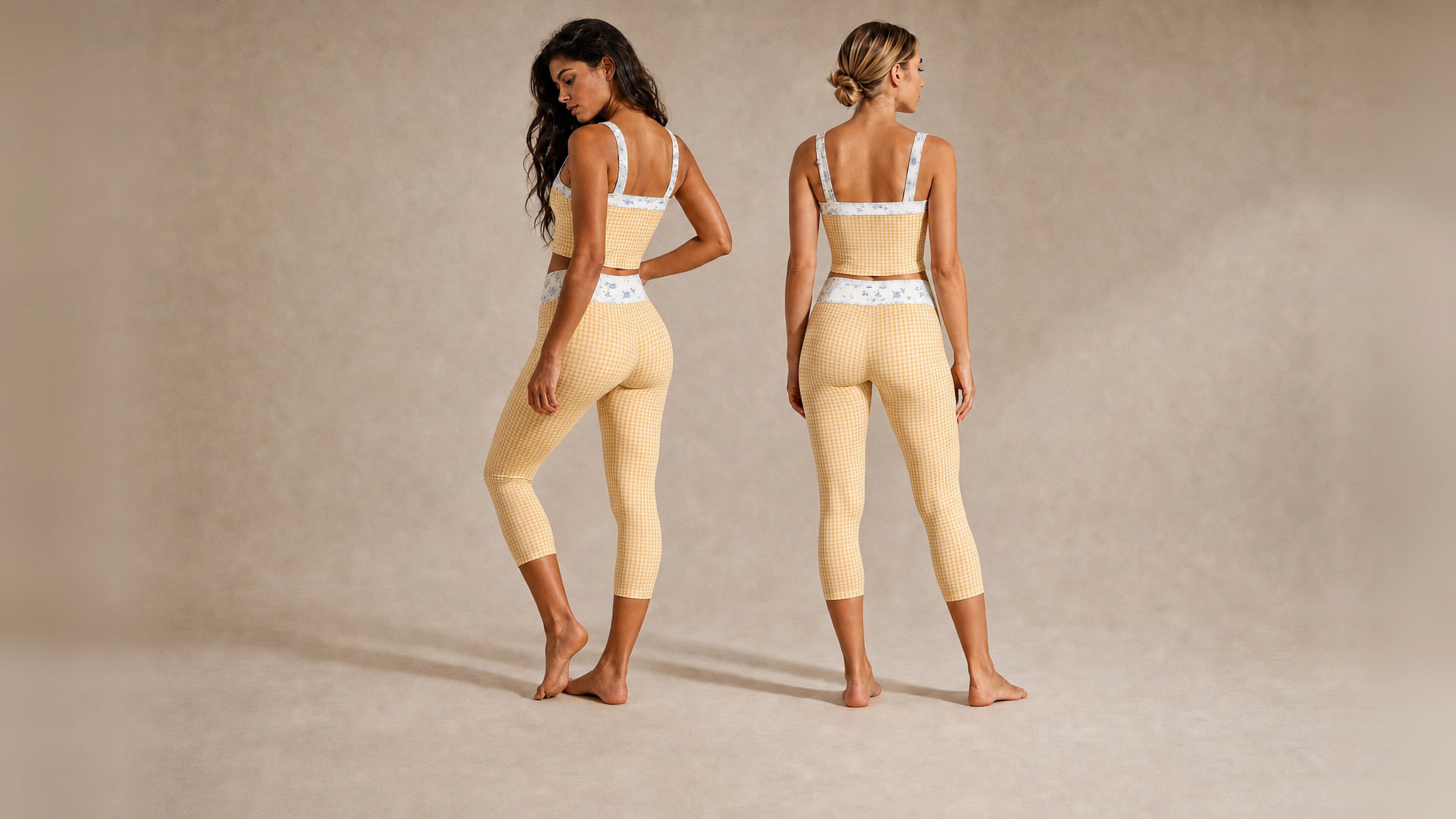 Two friends together in the Florence Active butter gingham set