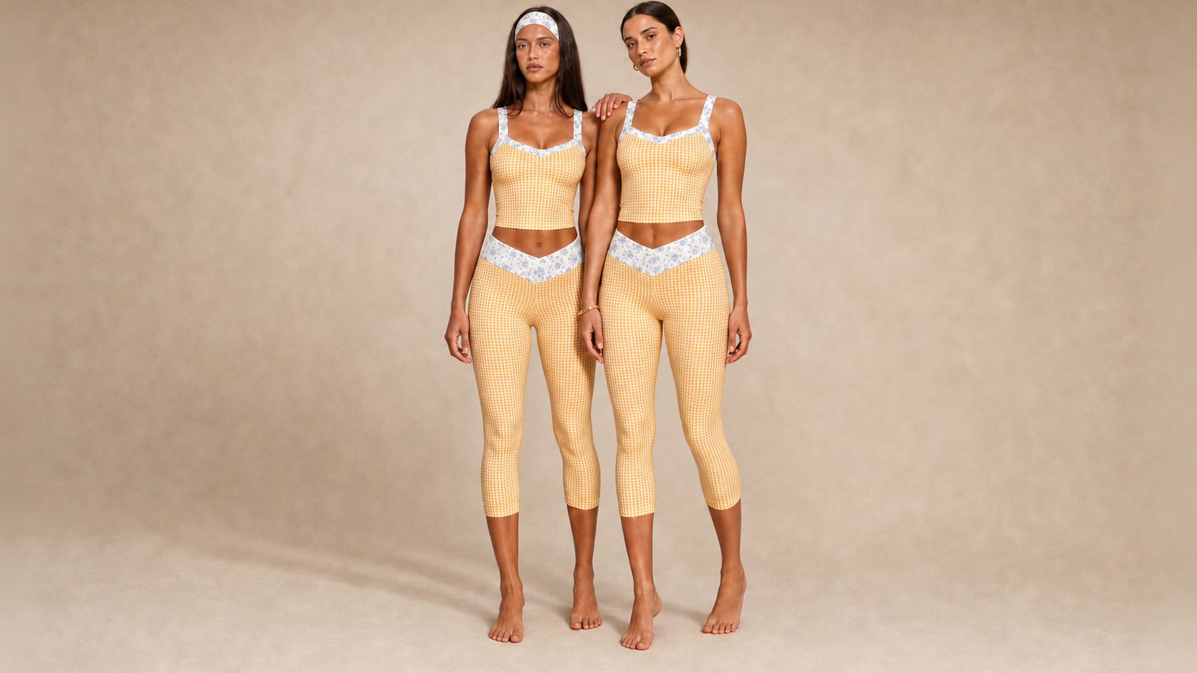 Two models wearing the Florence Active butter gingham set