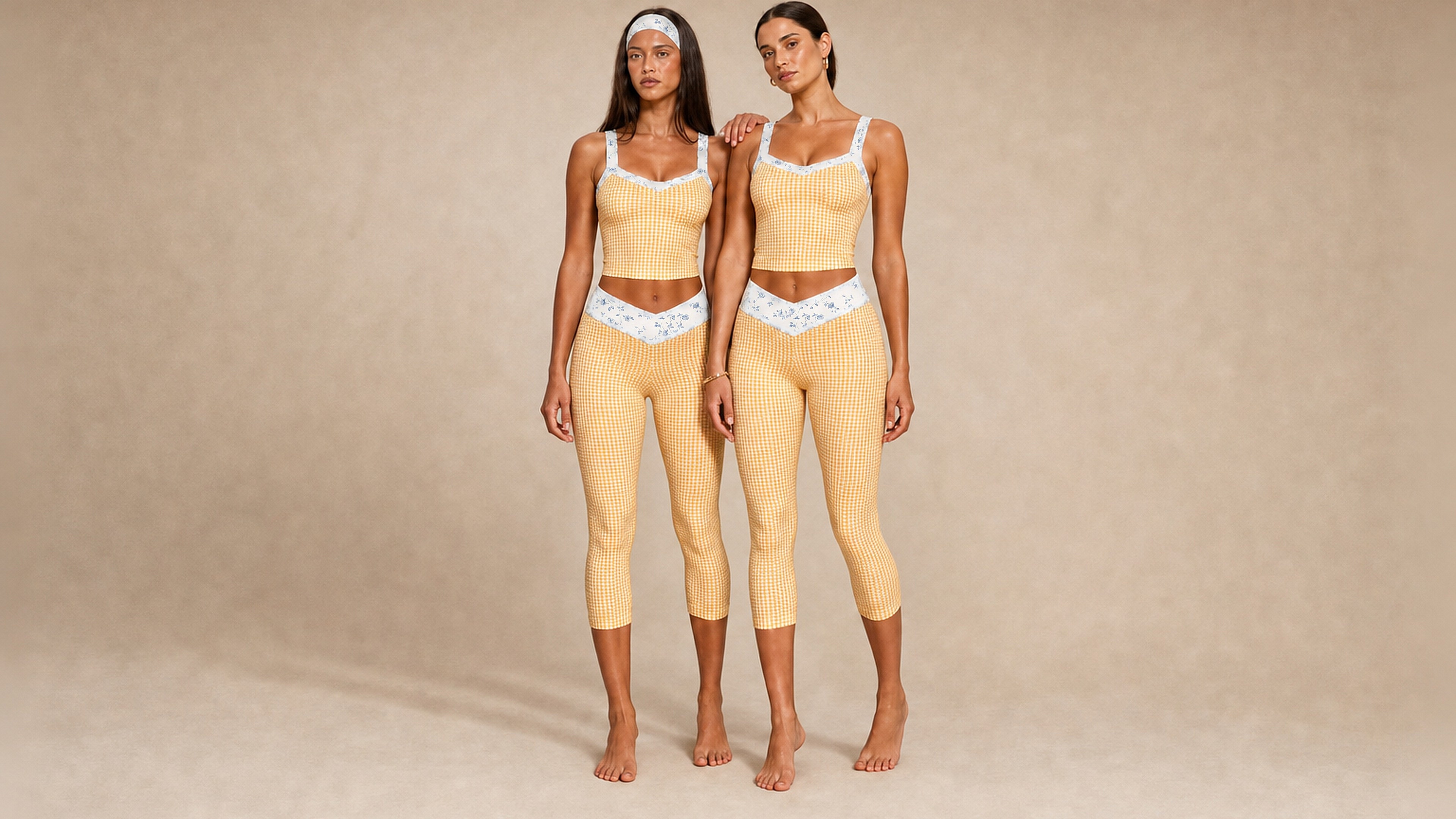 Two models wearing the Florence Active butter gingham set