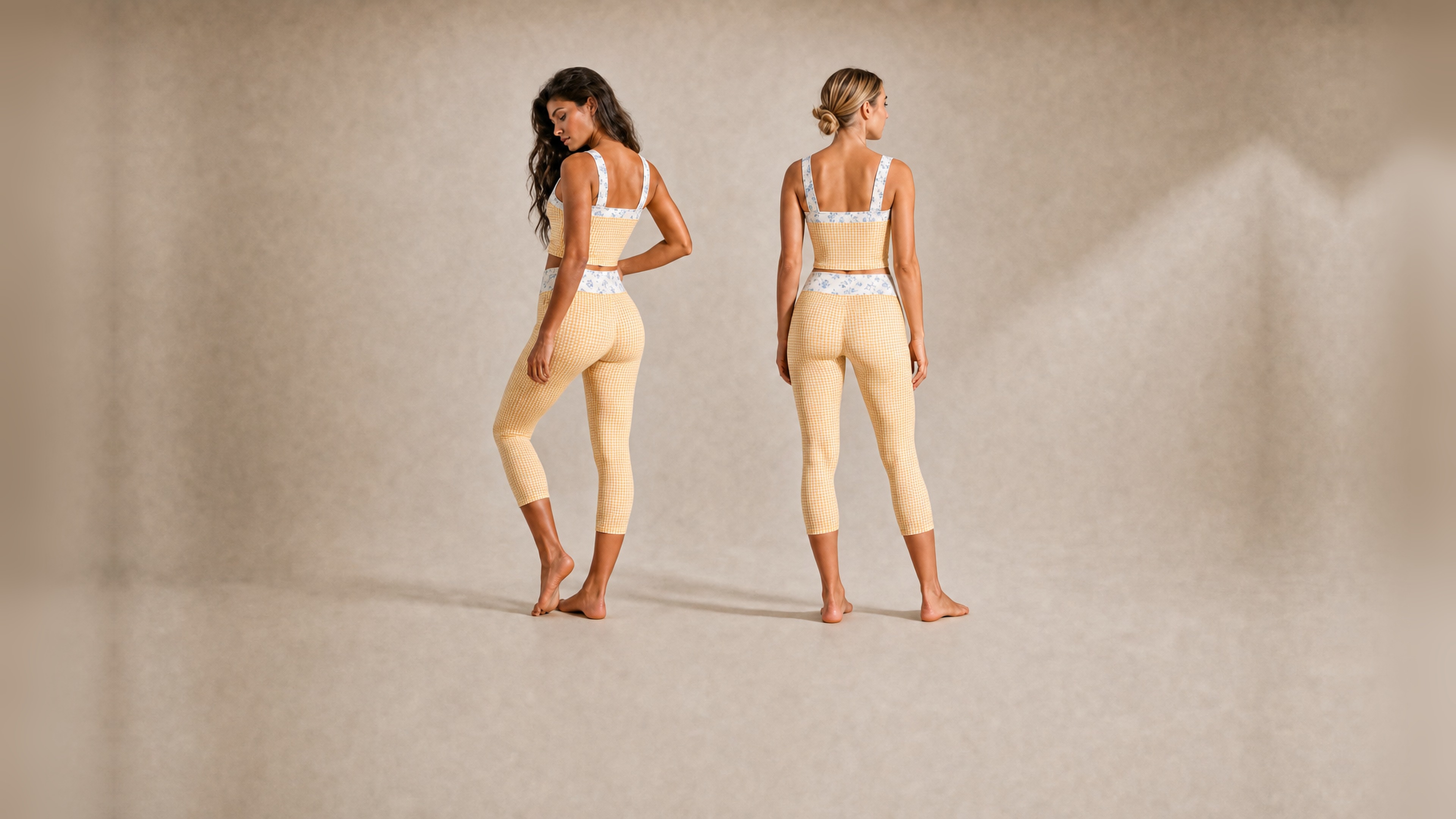 Two models in the Florence Active butter gingham set, back view