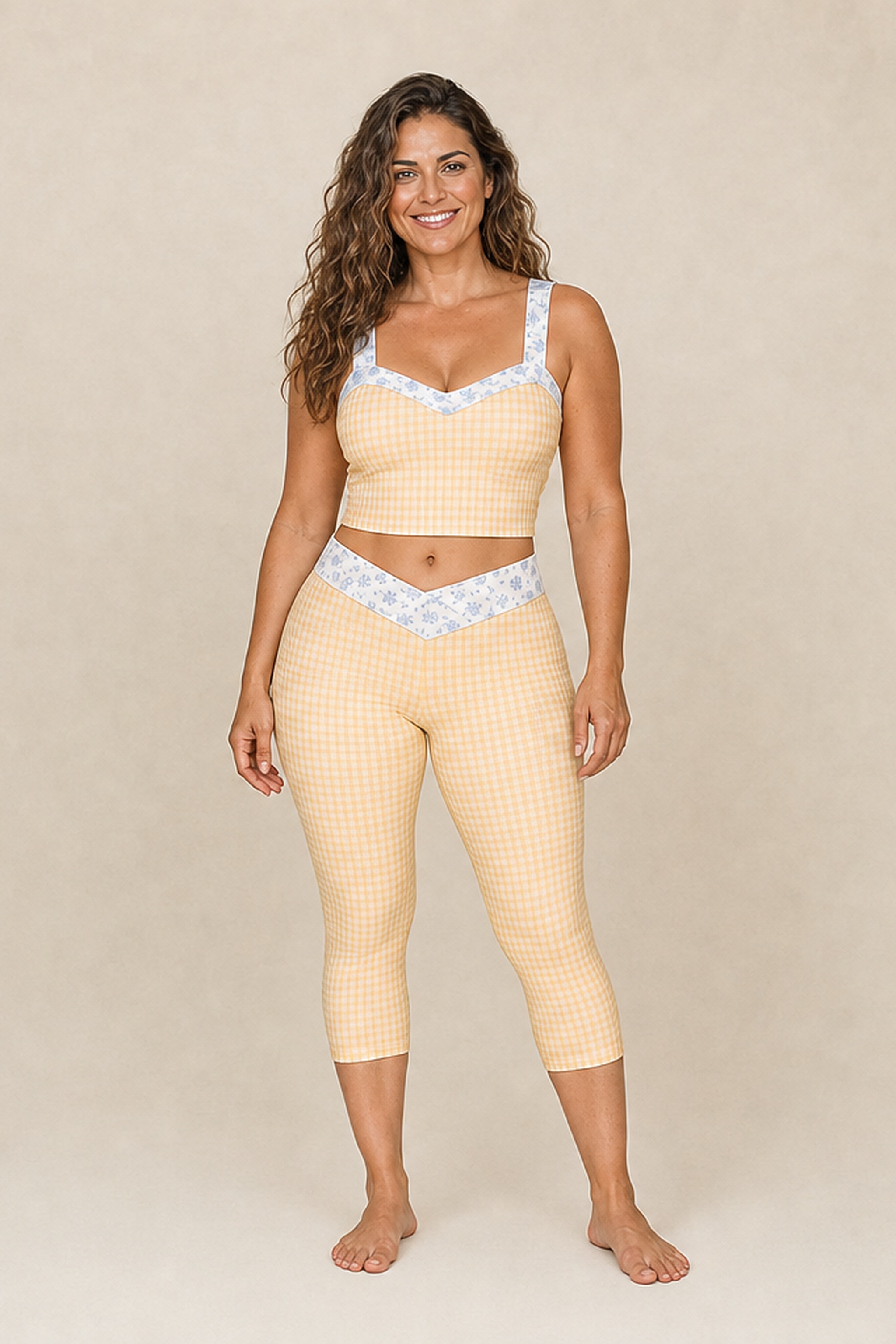 Nia wearing the Butter Gingham Set in size L