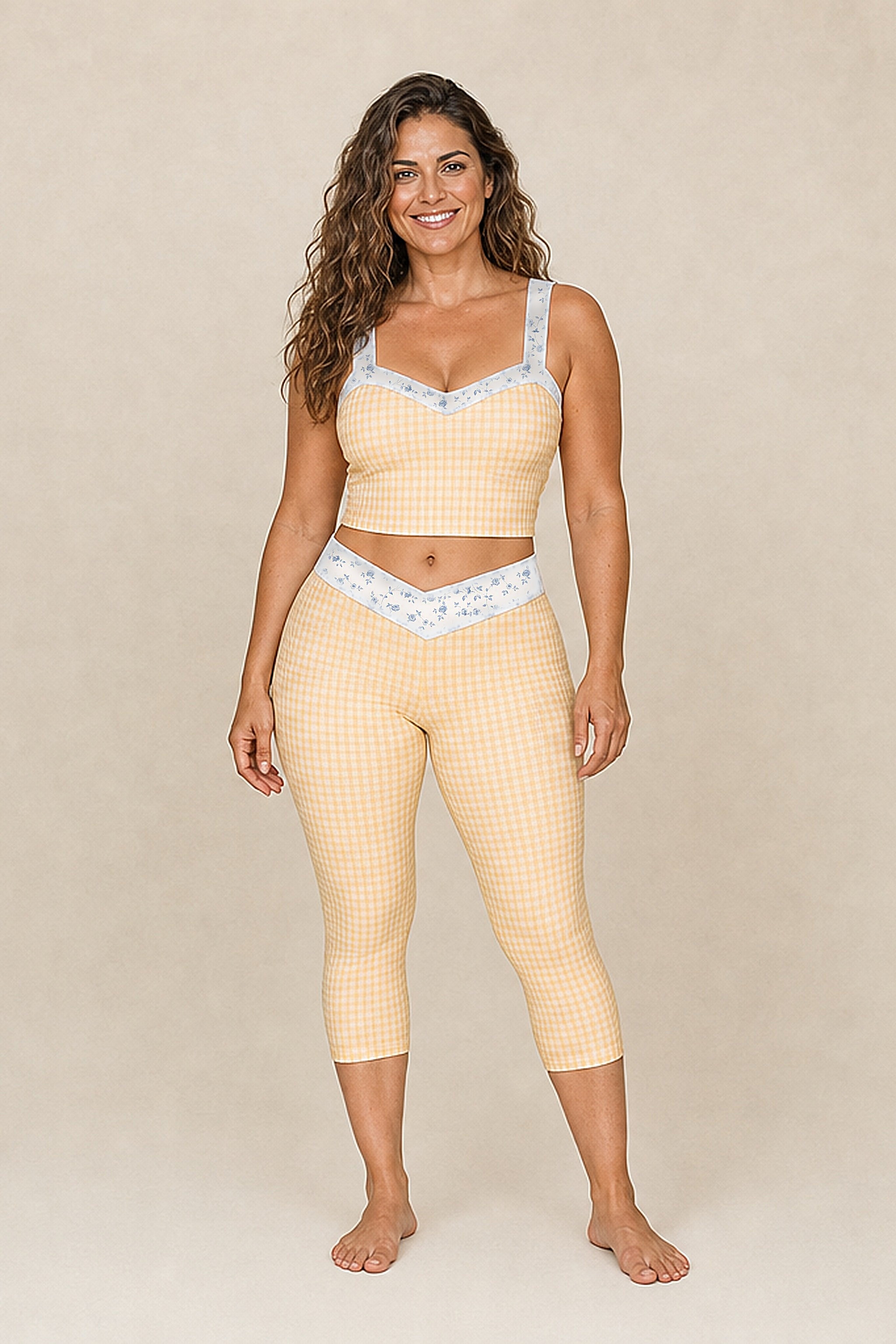 Nia wearing the Butter Gingham Set in size L