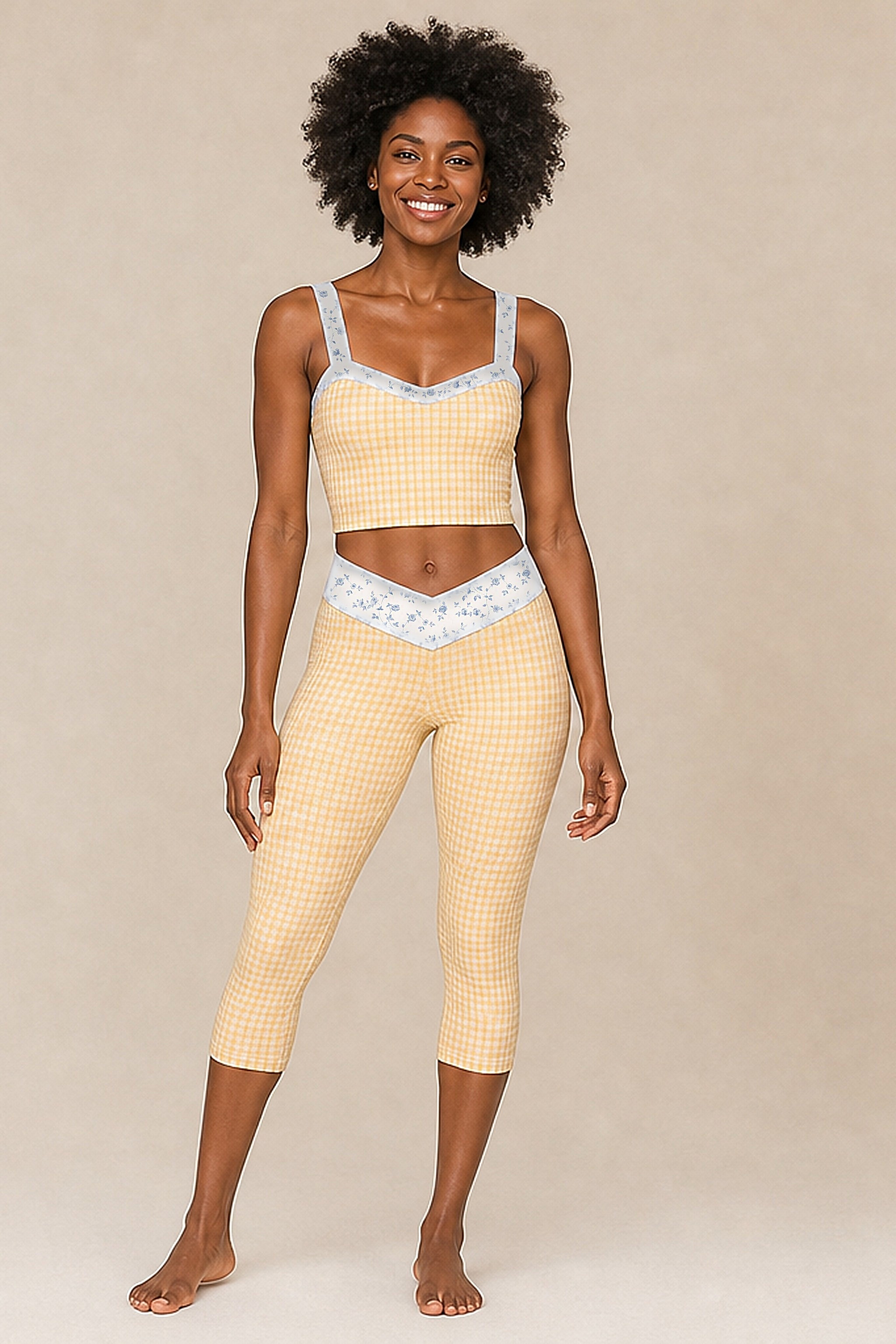 Amara wearing the Butter Gingham Set in size S