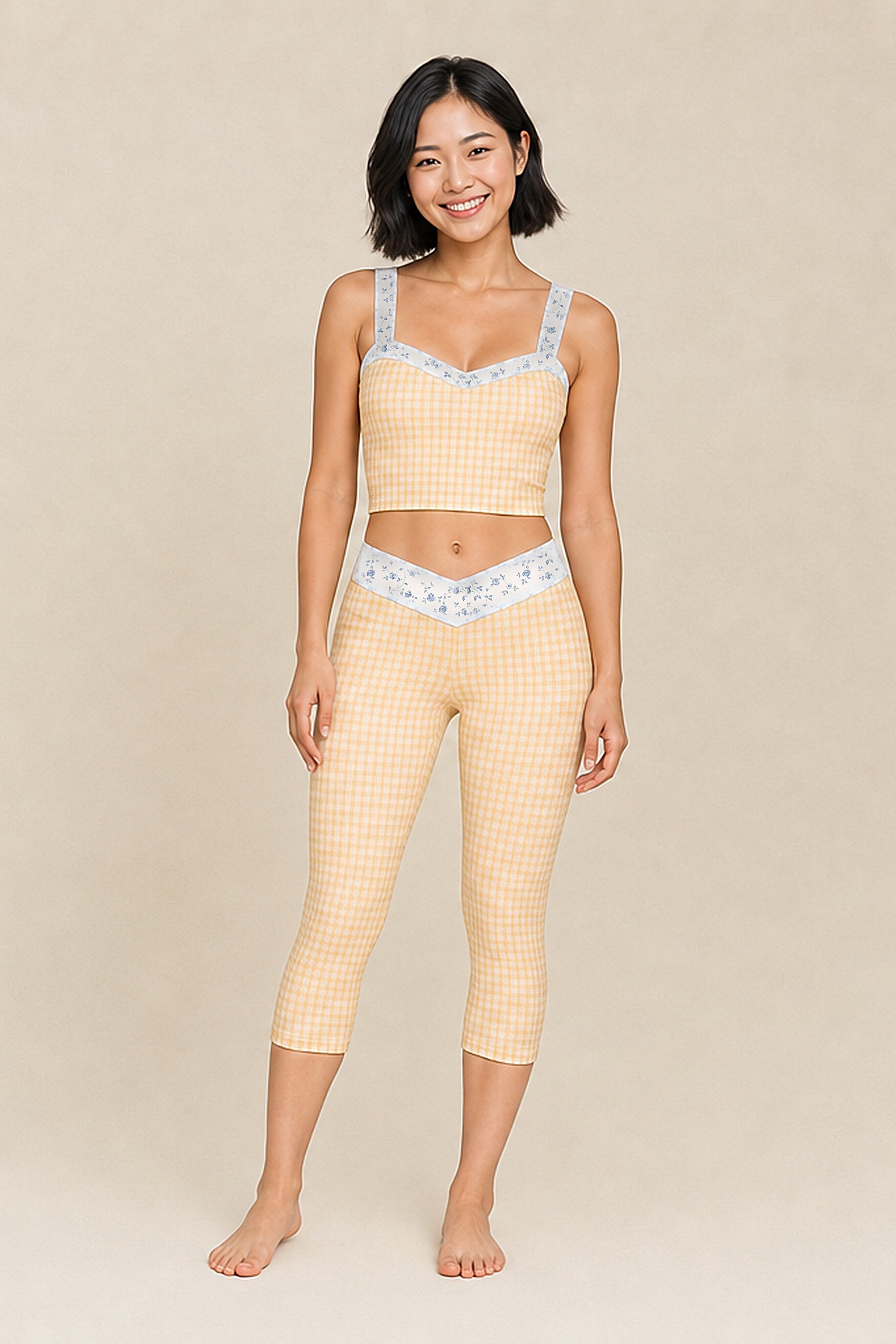 Sofia wearing the Butter Gingham Set in size XS