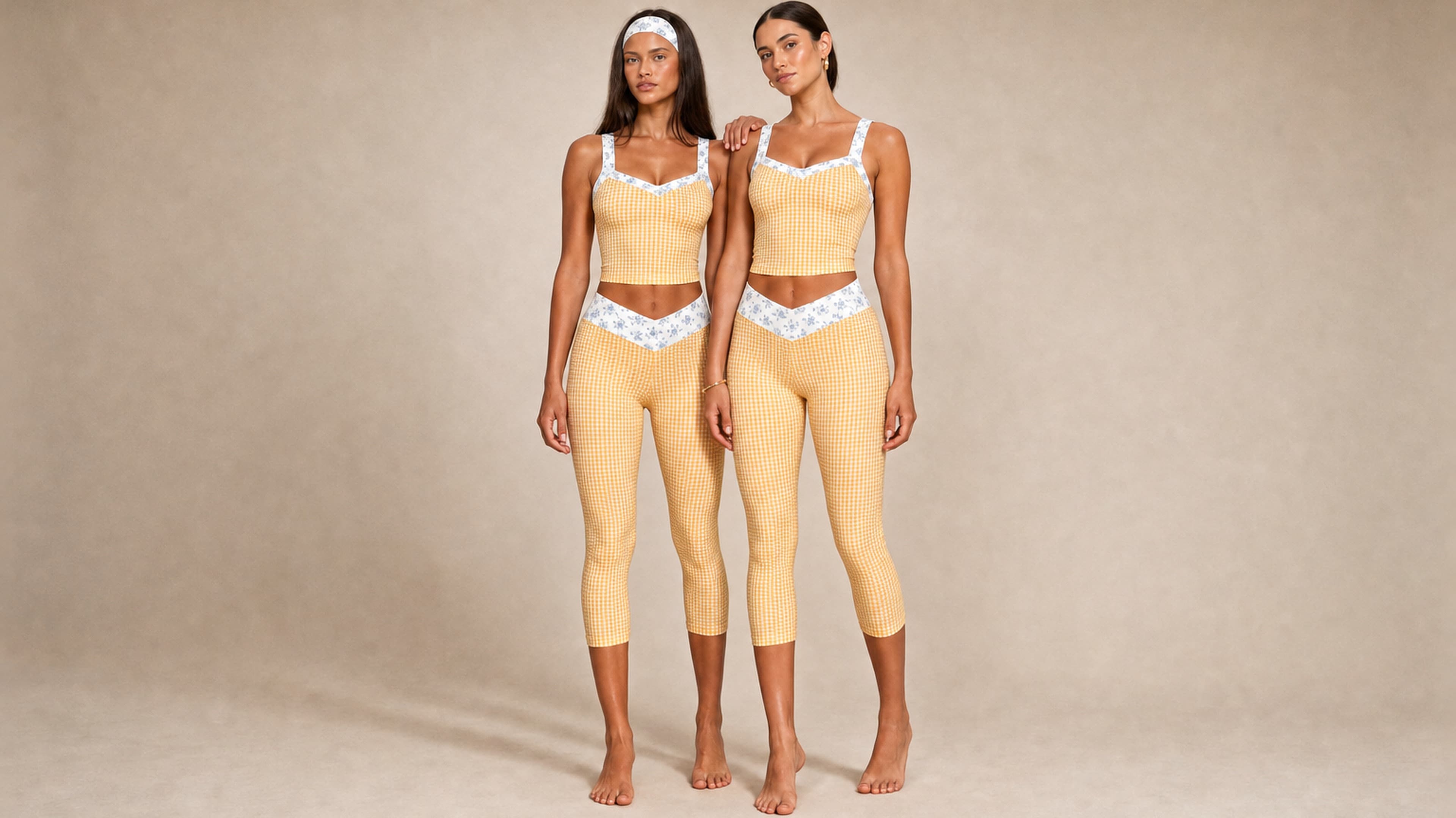 Two friends in the Florence Active butter gingham set