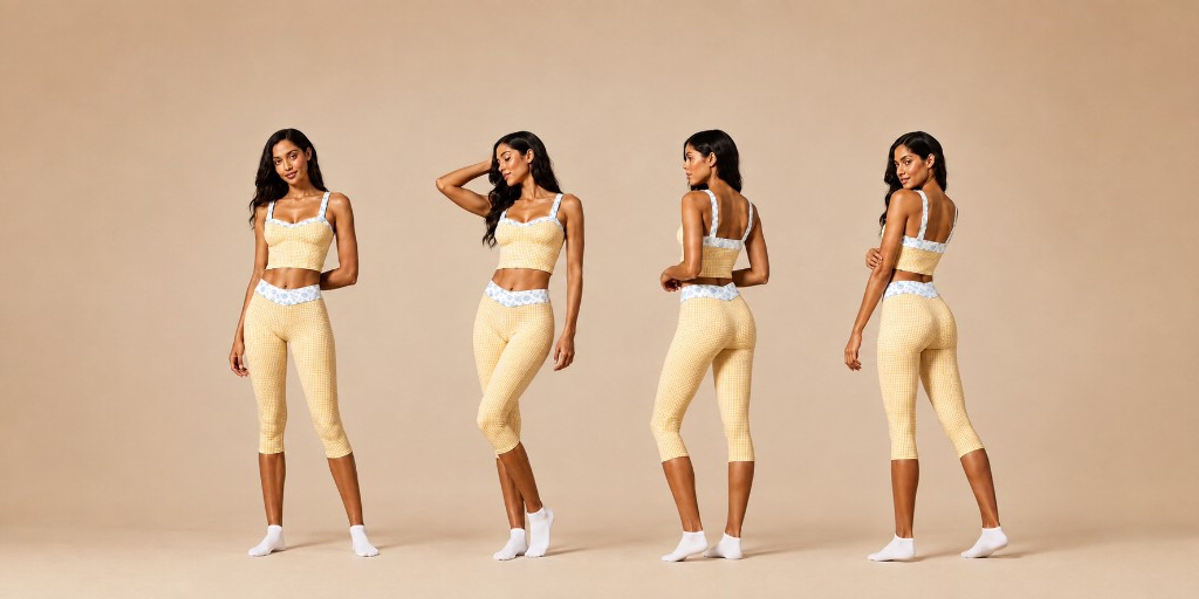 Four views of the Florence Active butter gingham set