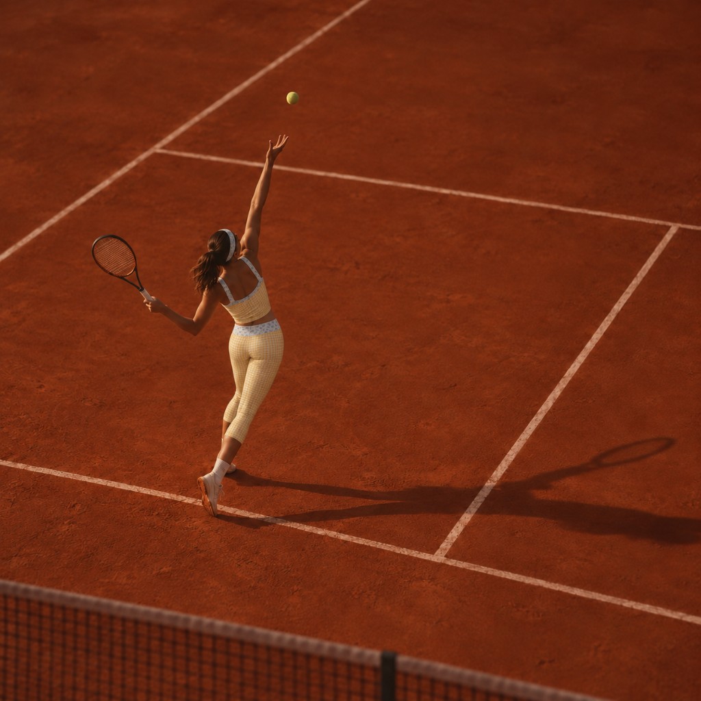 Model in butter gingham serving on a clay court in golden hour light
